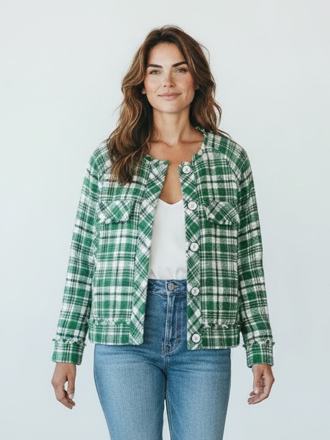 Cabi #5653 Sofia Green & White Cotton Tweed Button Up Library Jacket Size M